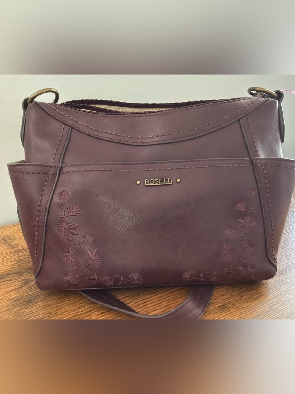 Rosetti Brown Floral-Embossed Shoulder Bag with Gold Accents